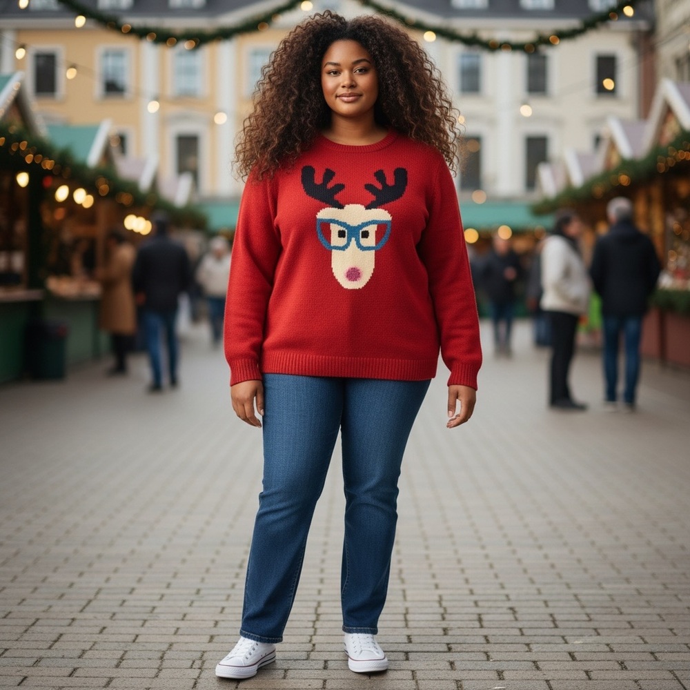 Avenue Plus Size 26/28 Red Reindeer Holiday Sweater Glasses Christmas Cute